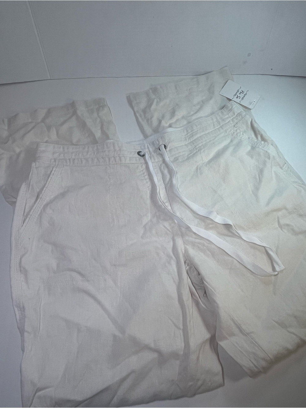 Per Se White Wide-Leg Linen Drawstring Pants